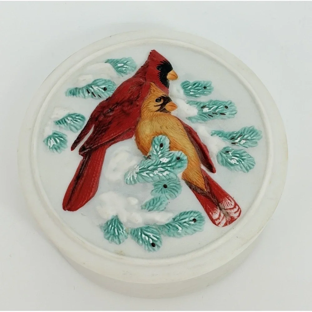 Cardinal Red Birds Bisque Trinket Box Round Snow Winter Christmas